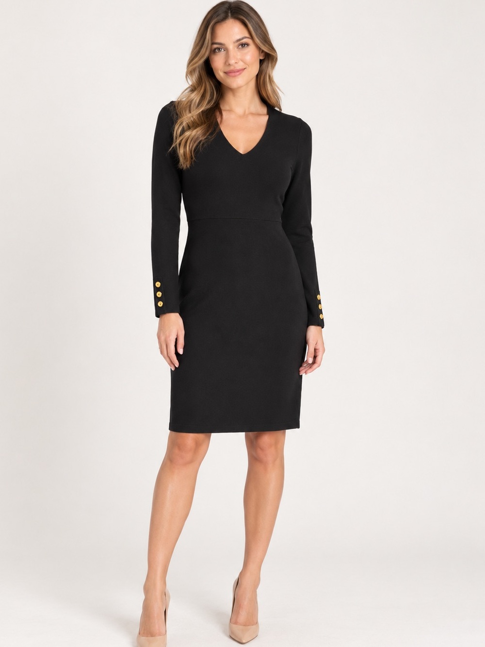Calvin Klein Black Sweater Dress Gold Button V Neck NWT S